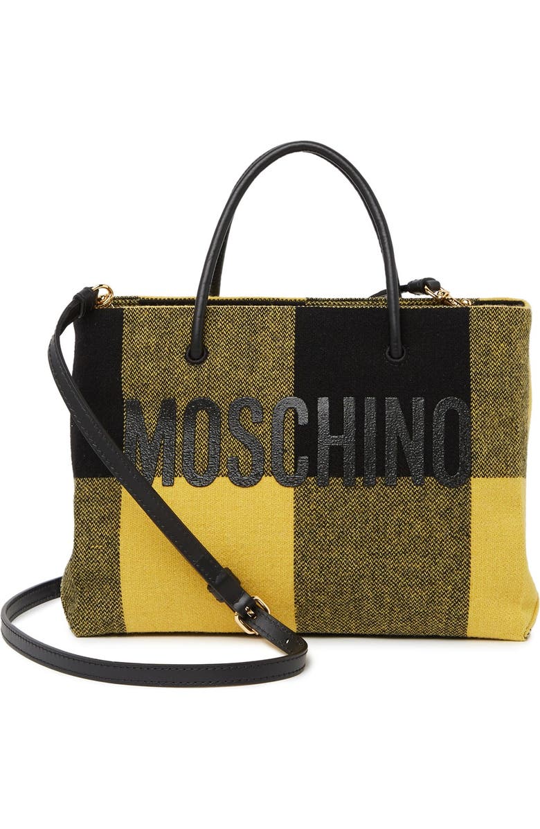 Moschino Plaid Print Logo Tote Bag, Alternate, color,