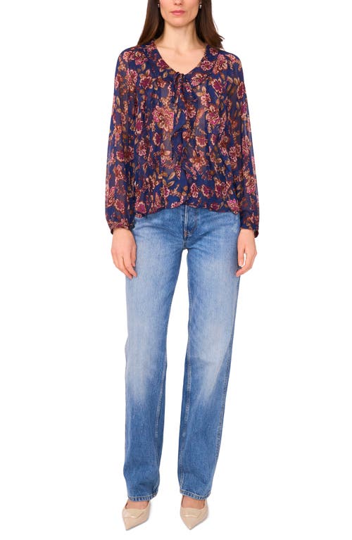 Vince Camuto Floral Ruffle Detail Long Sleeve Top In Blue
