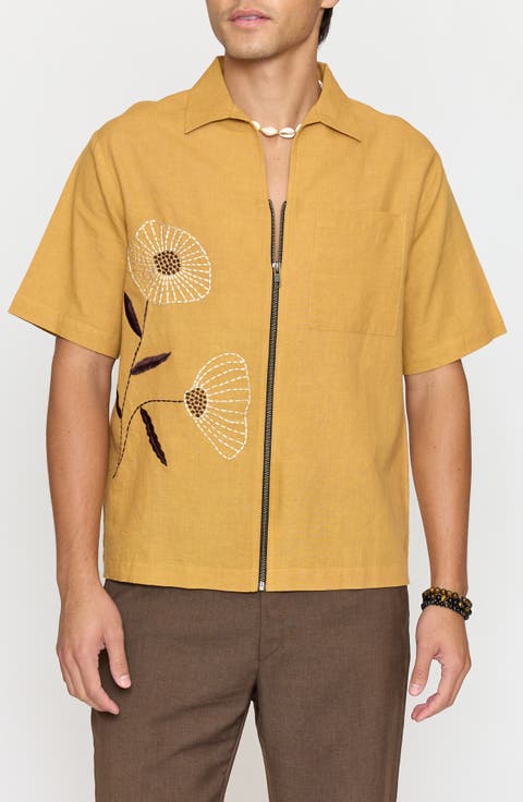 Floral Embroidered Cotton Short Sleeve Zip-Up Shirt