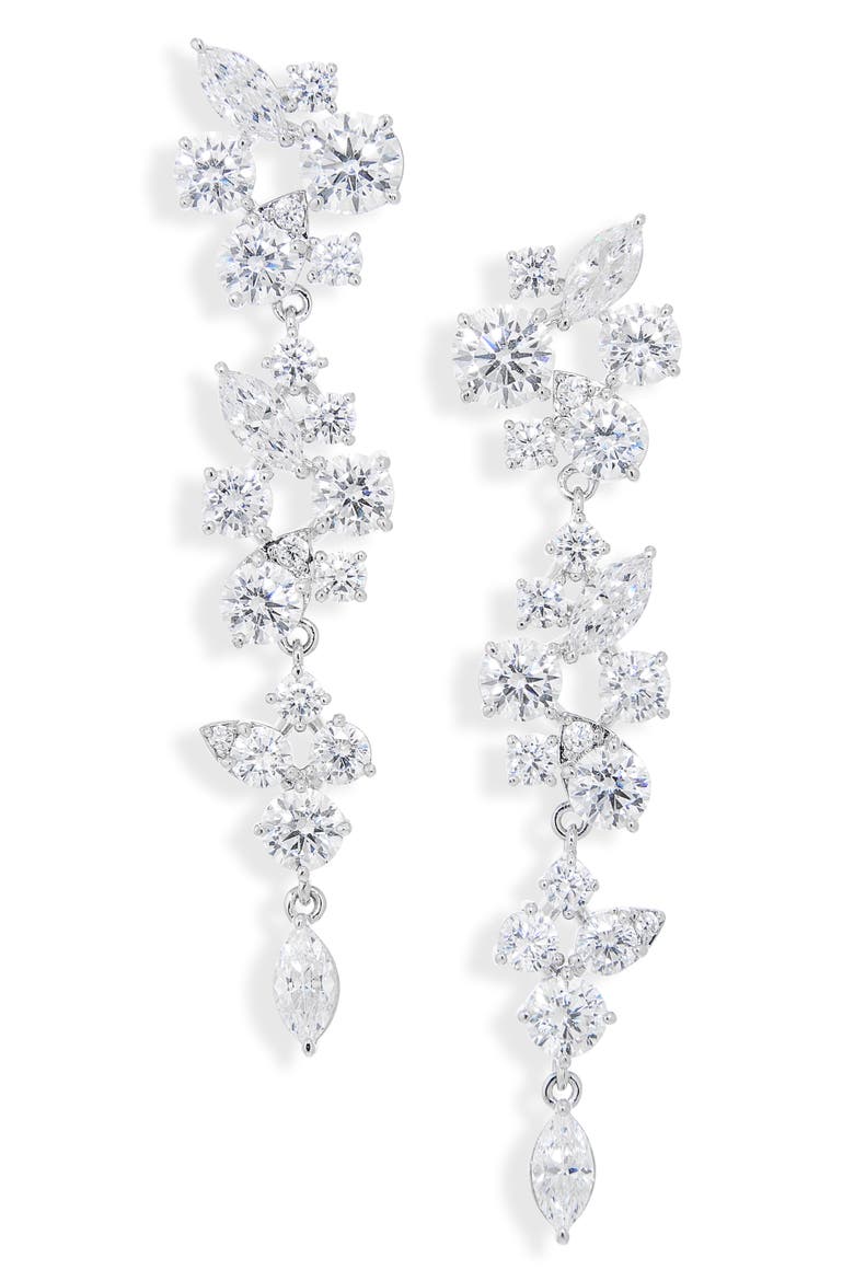 Chiara Cluster Linear Drop Earrings, Main, color, RHODIUM
