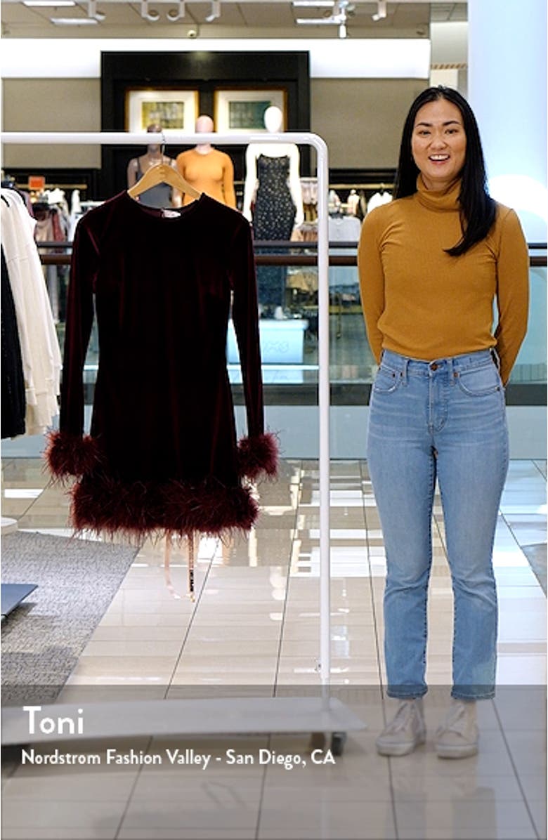 Lavinia Feather Trim Long Sleeve Velvet Body-Con Cocktail Minidress, sales video thumbnail
