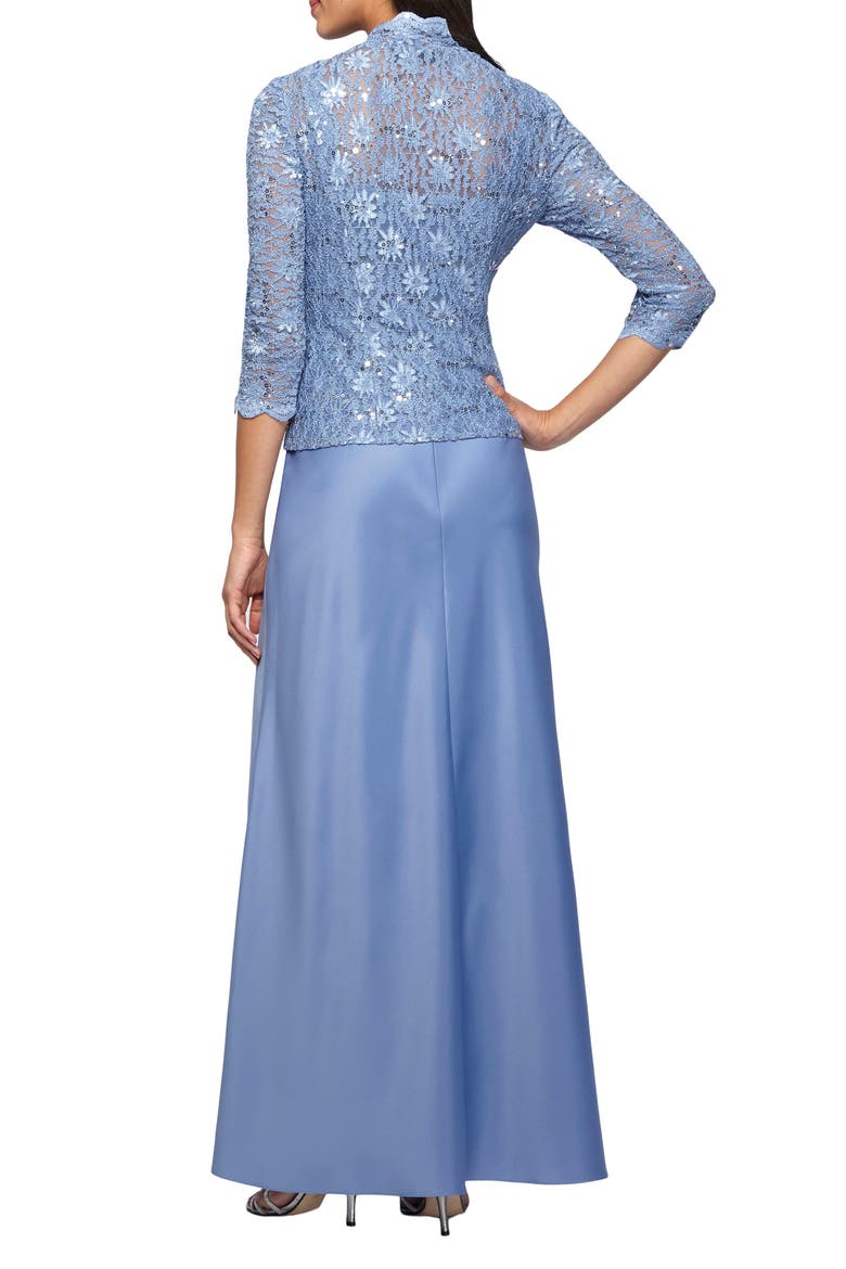 Sequin Lace & Satin Gown with Jacket, Alternate, color, ANTIQUE BLUE