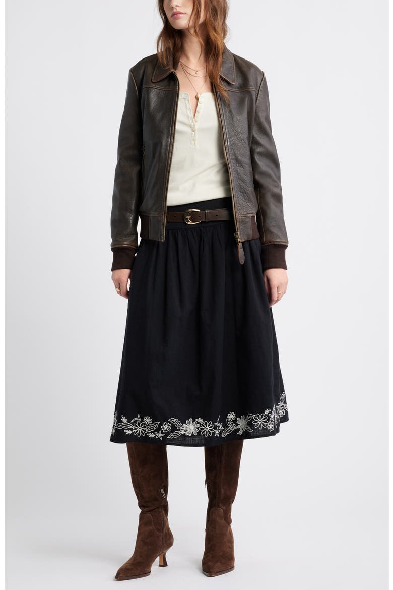 Embroidered Hem Cotton Midi Skirt, Alternate, color, BLACK