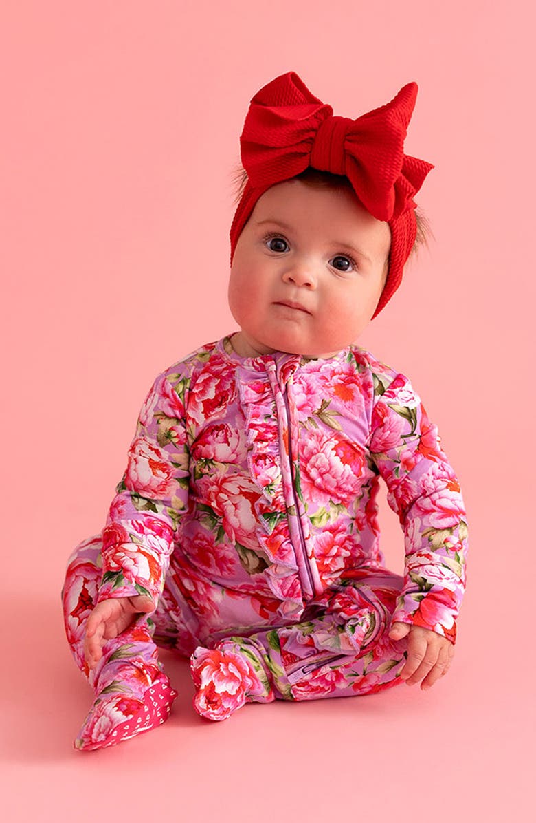 Posh Peanut Francoise Peony Print Ruffle Footie, Alternate, color, Purple