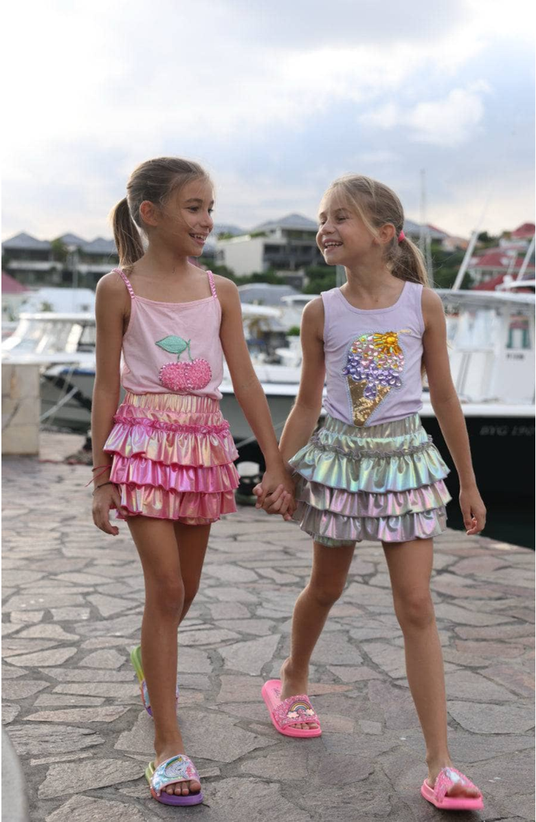 Lola + The Boys Hologram Ruffle Skort, Alternate, color, Silver
