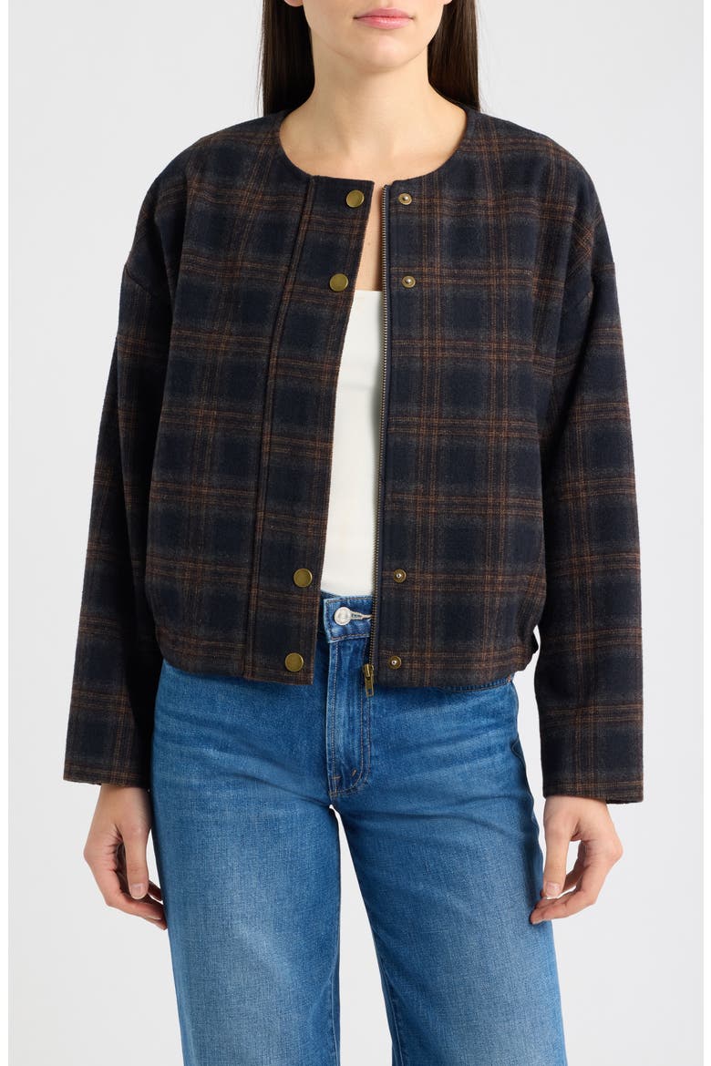 Plaid Zip Front Bomber Jacket, Main, color, NAVY PLAID