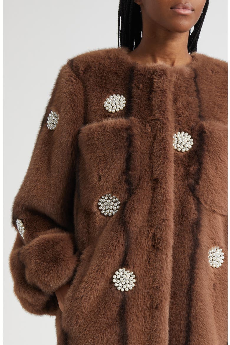 Faux Pearl & Crystal Detail Faux Fur Coat, Alternate, color, TAUPE