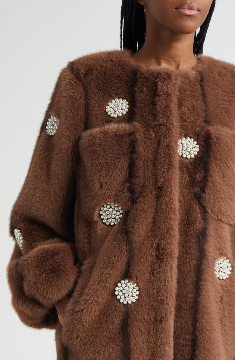 Cinq à Sept Faux Pearl & Crystal Detail Faux Fur Coat, Alternate, color,