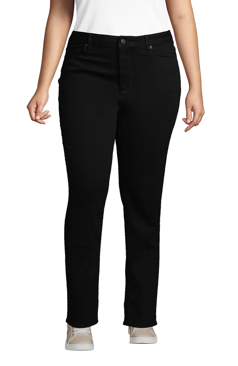 Lands' End Plus Size Mid Rise Straight Leg Blue Jeans, Main, color, Black