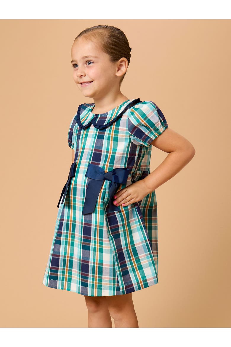 Woven Peter Pan Ruffle Bow Short Sleeve Dress, Alternate, color, Forrest Plaid