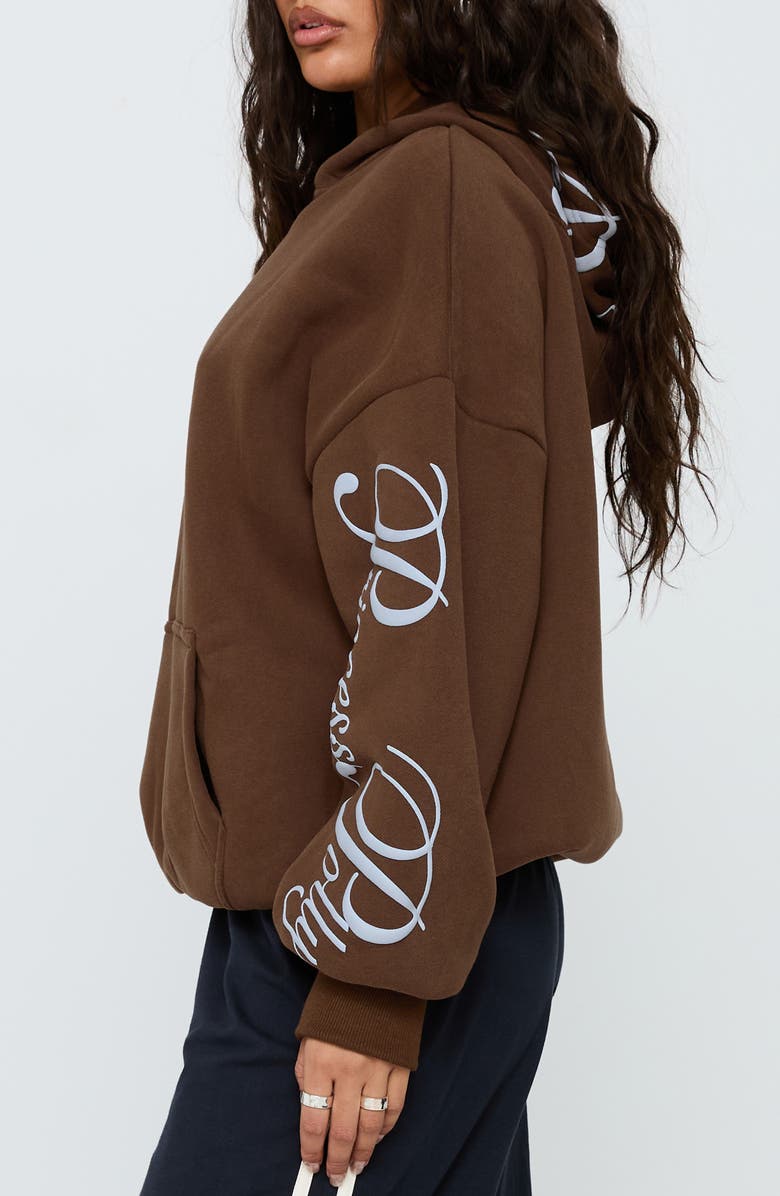 Princess Polly Script Logo Graphic Hoodie, Alternate, color, Brown / Blue