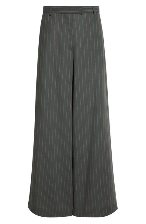 Stripe Wool Crepe Wide Leg Pants