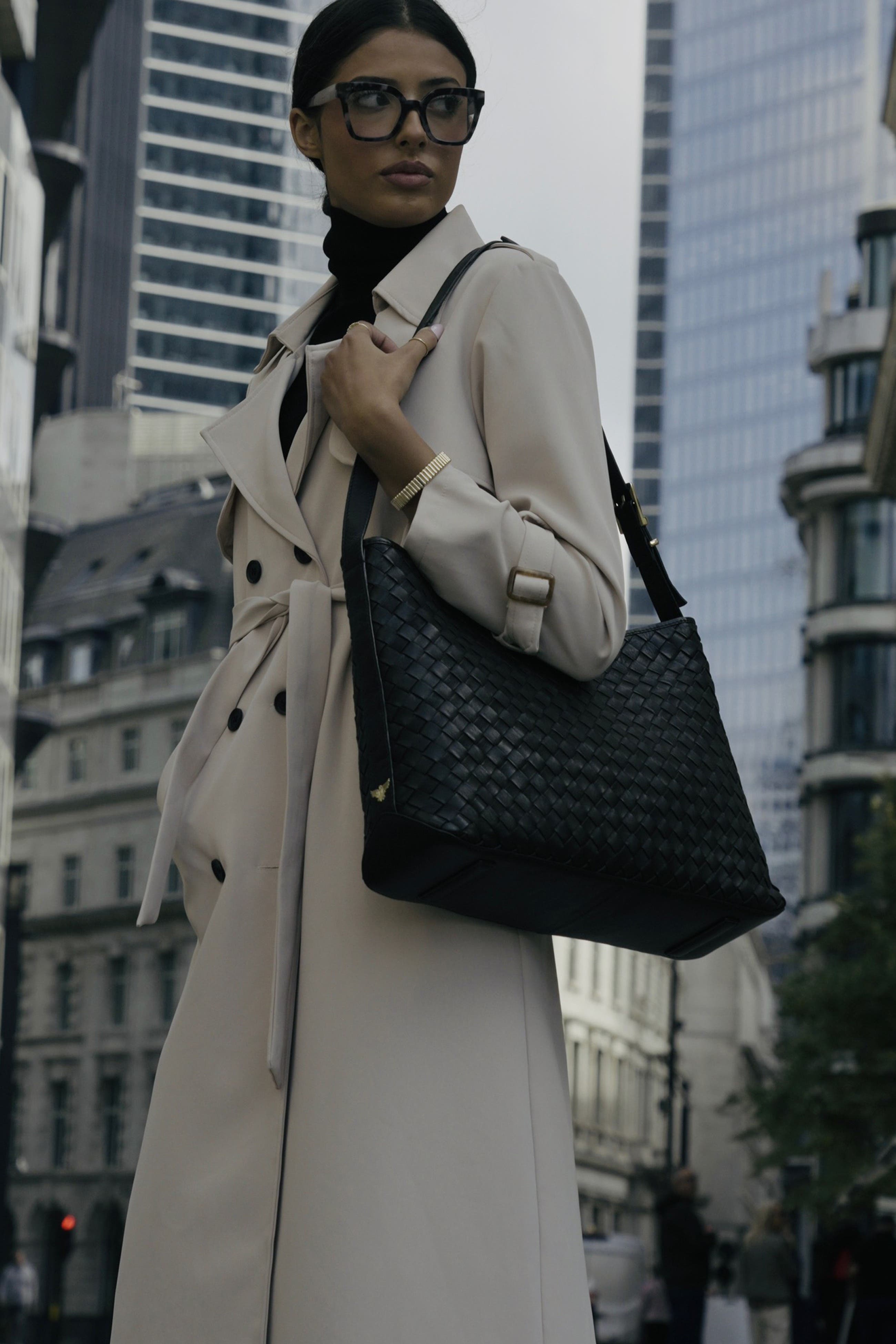 The Holly Woven Leather Bag, Alternate, color, Black