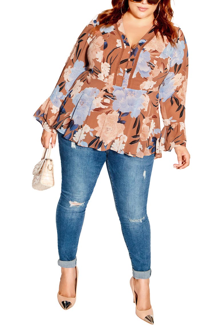 Caroline Floral V-Neck Tunic Top, Alternate, color, FUDGE TENDER FL