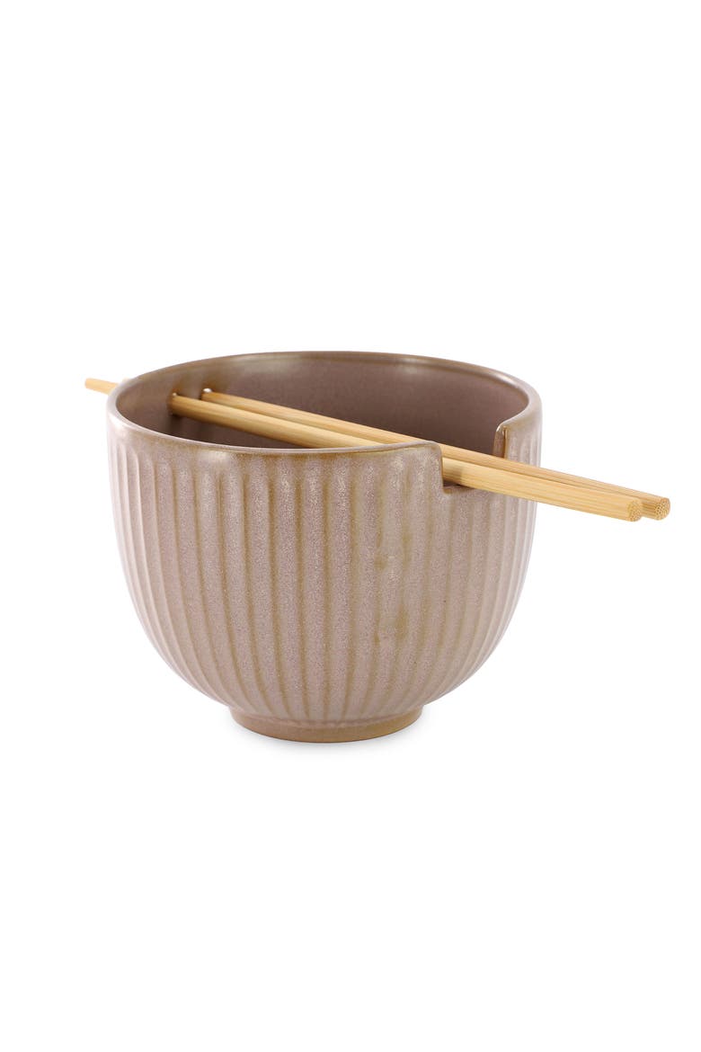 Stoneware Noodle Bowl with Chopsticks in Pale Mauve, Alternate, color, Pink