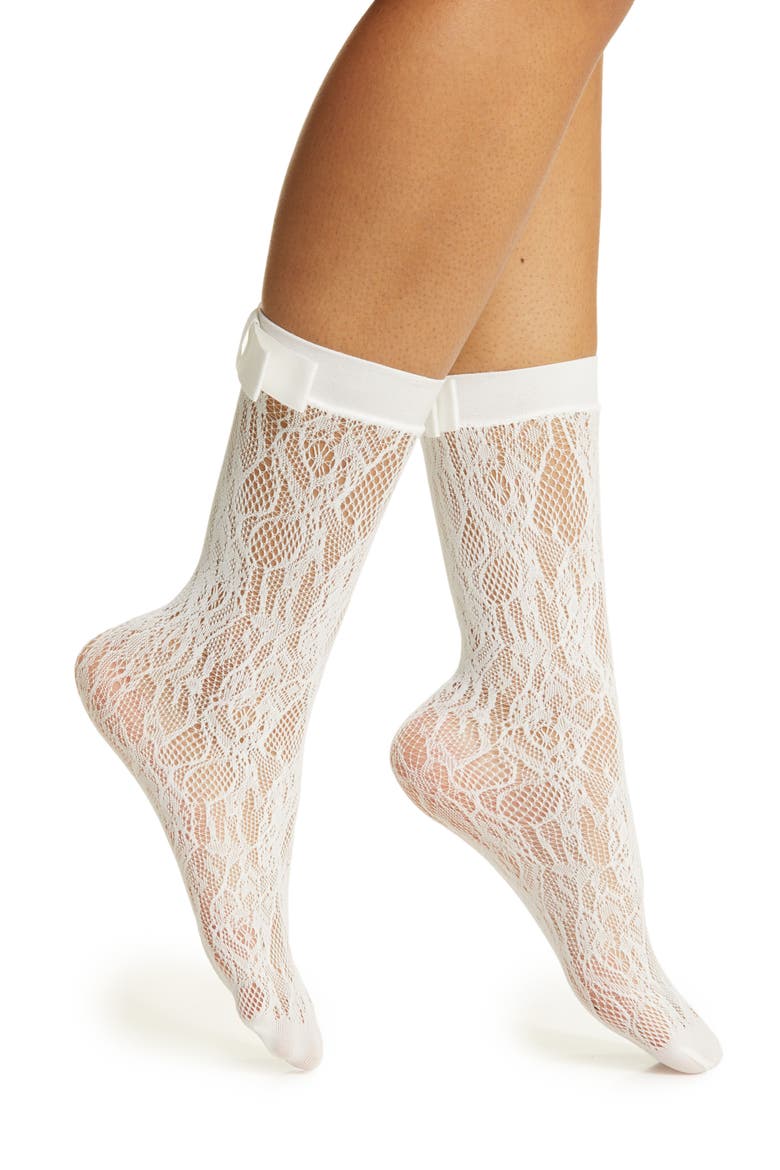 Coco Bow Lace Crew Socks, Main, color, WHITE