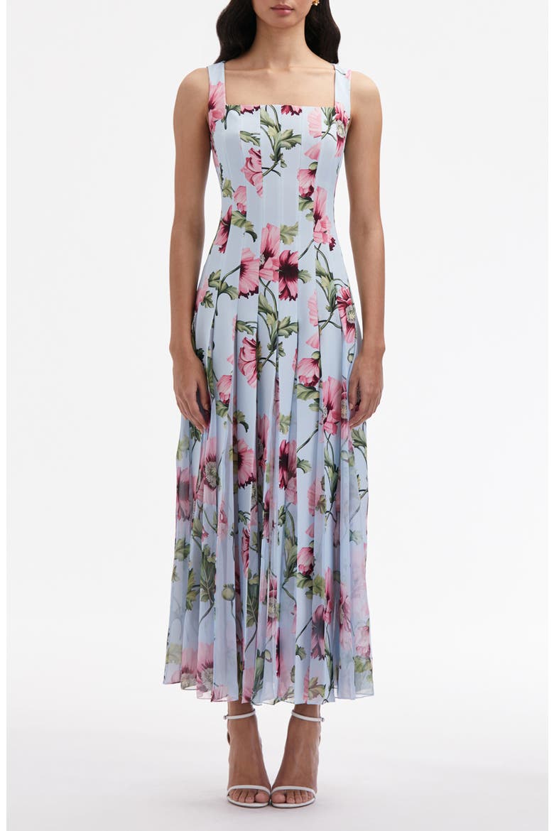 Poppy Print Pleated Square Neck Dress, Main, color, LIGHT BLUE/ PINK