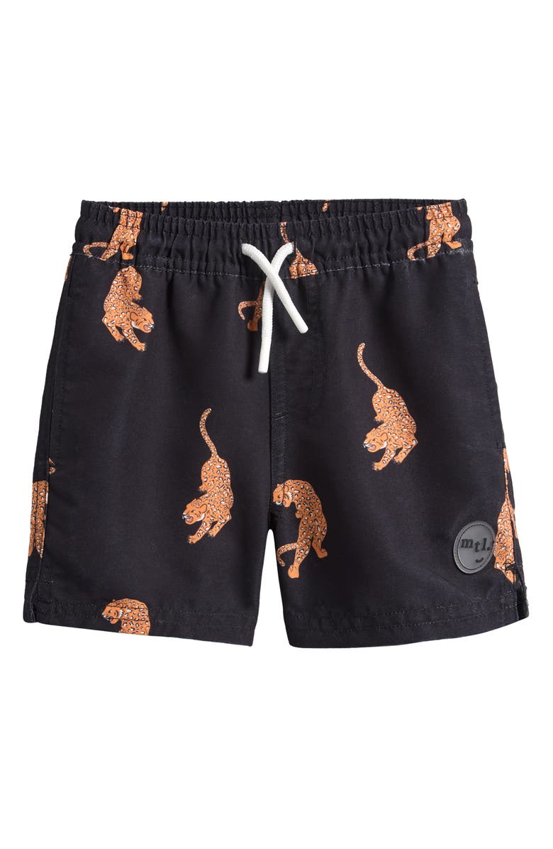 MILES BABY Monstera Leaf Print Swim Trunks, Main, color, Black