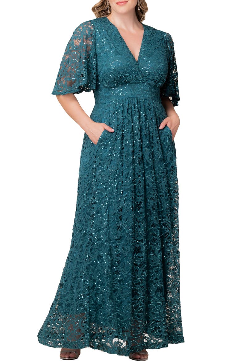 Luminous Sequin Lace A-Line Gown, Main, color, TEAL TOPAZ