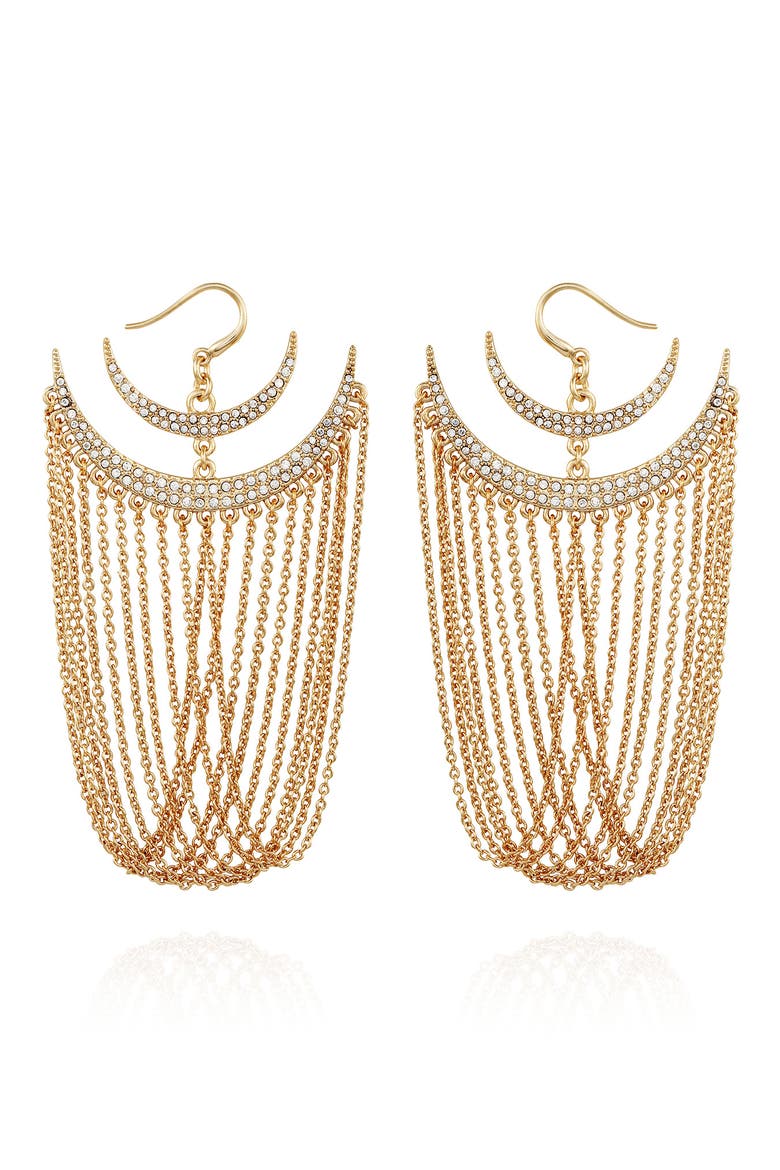 Crescent Moon Pavé Drape Chain Earrings, Main, color, GOLD TONE