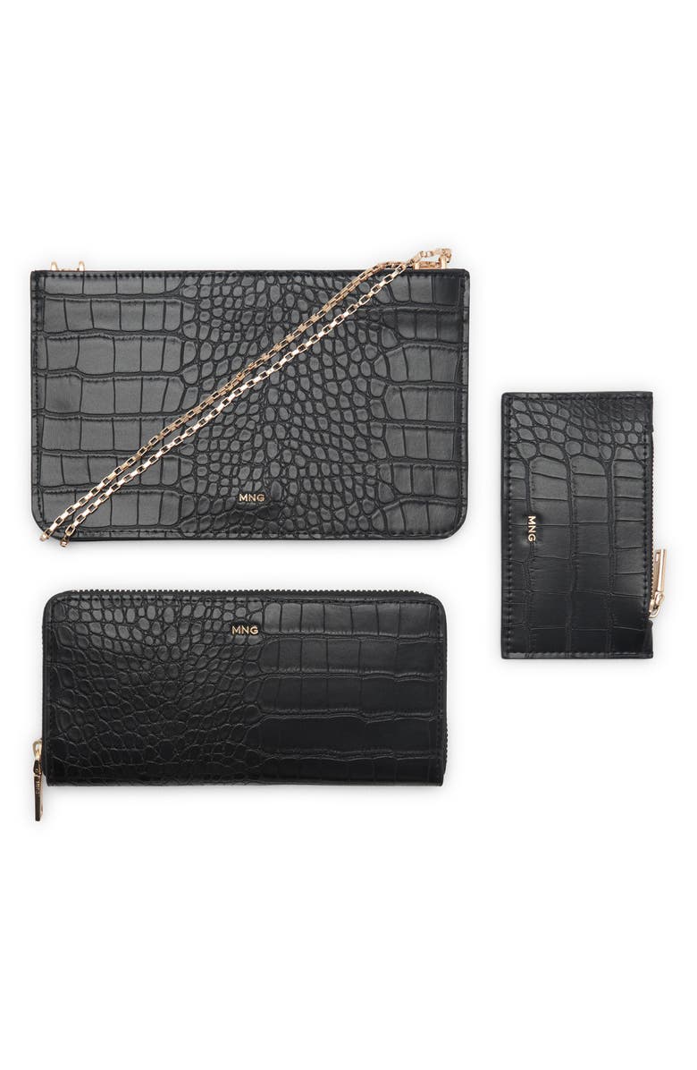 MANGO Croc Embossed Faux Leather Wallet, Alternate, color, Black