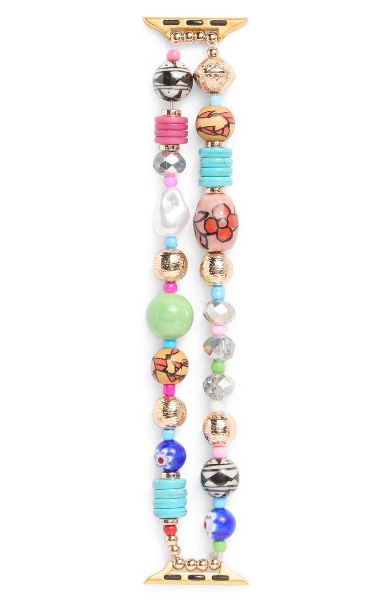 NORDSTROM RACK Faux Pearl Beaded Apple Watch<sup>®</sup> Watchband, Main, color, Rainbow Multi- Gold