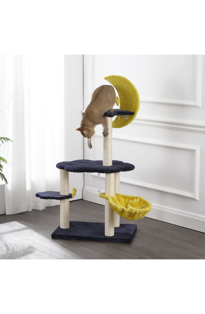 The Licker Store Aurora 3-Tier Modern Sisal Moon And Stars Cat Tree with Scratching Posts, Basket, and Fuzzy Bell Toys, Alternate, color, Navy/Yellow/White
