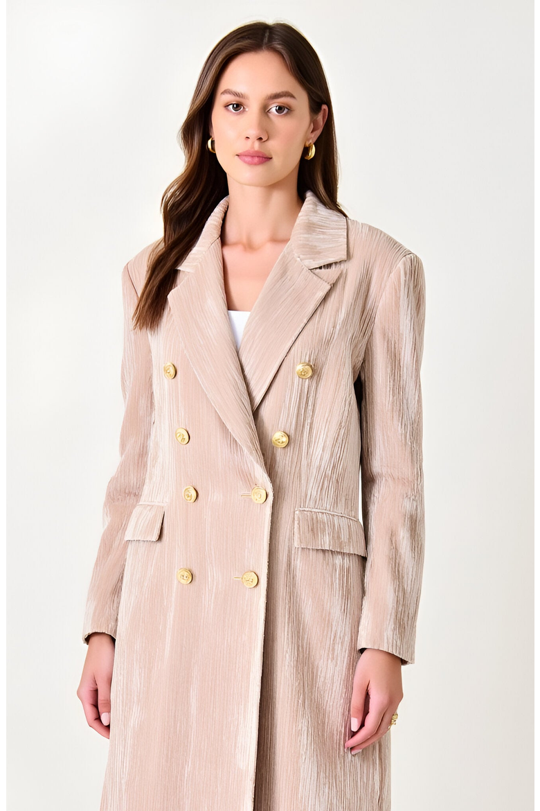 Velvet Double-Breasted Coat with Structured Lapels and Buttons, Alternate, color, Beige