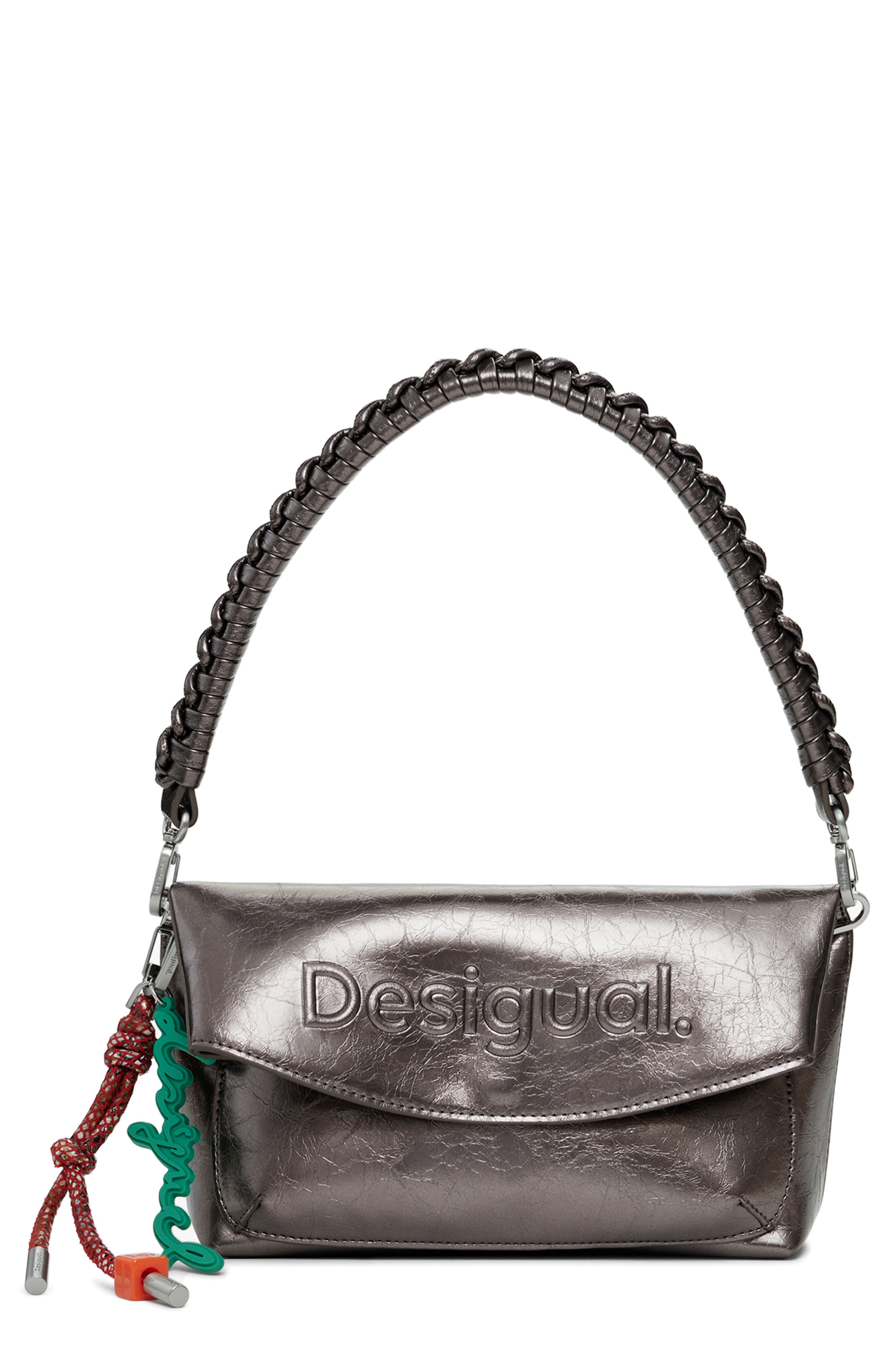 Desigual Metallic Faux Leather Shoulder Bag, Main, color, Silver