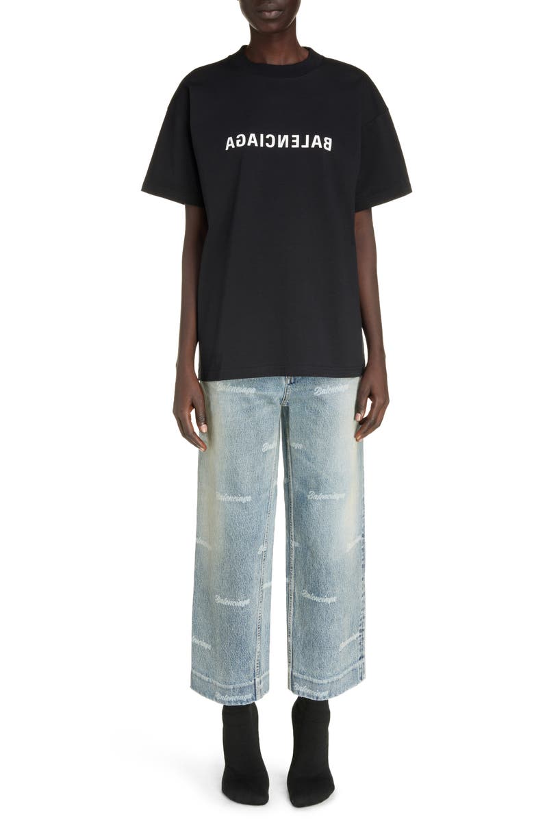Balenciaga Logo Print Crop Wide Leg Jeans, Alternate, color, 