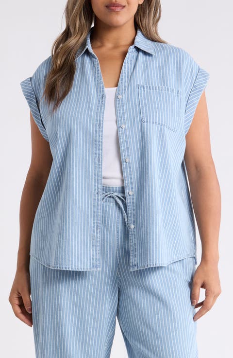 Stripe Cotton Button-Up Shirt (Plus)