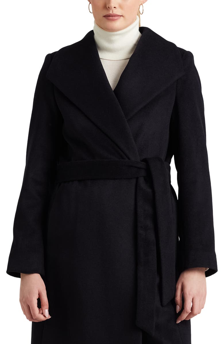 Lauren Ralph Lauren Belted Wool Blend Wrap Coat, Alternate, color, Regal Navy