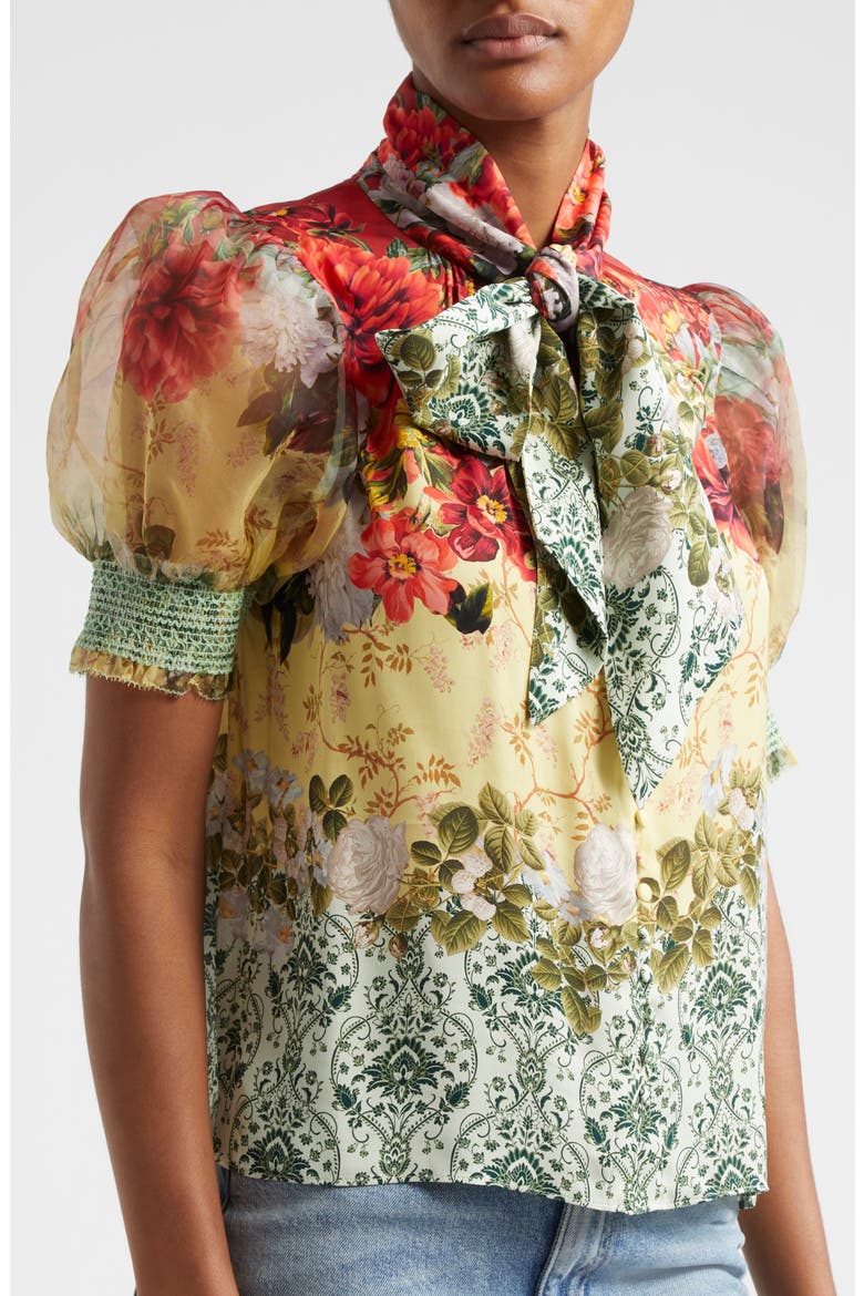 Brentley Floral Tie Neck Puff Sleeve Top, Alternate, color, OAKLEY