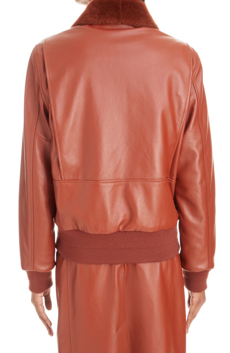 Chloé Broderie Anglaise Leather & Genuine Shearling Bomber Jacket, Alternate, color, 