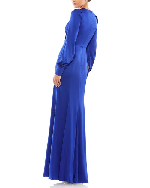 Mac Duggal Satin Ruched Bishop Sleeve Gown