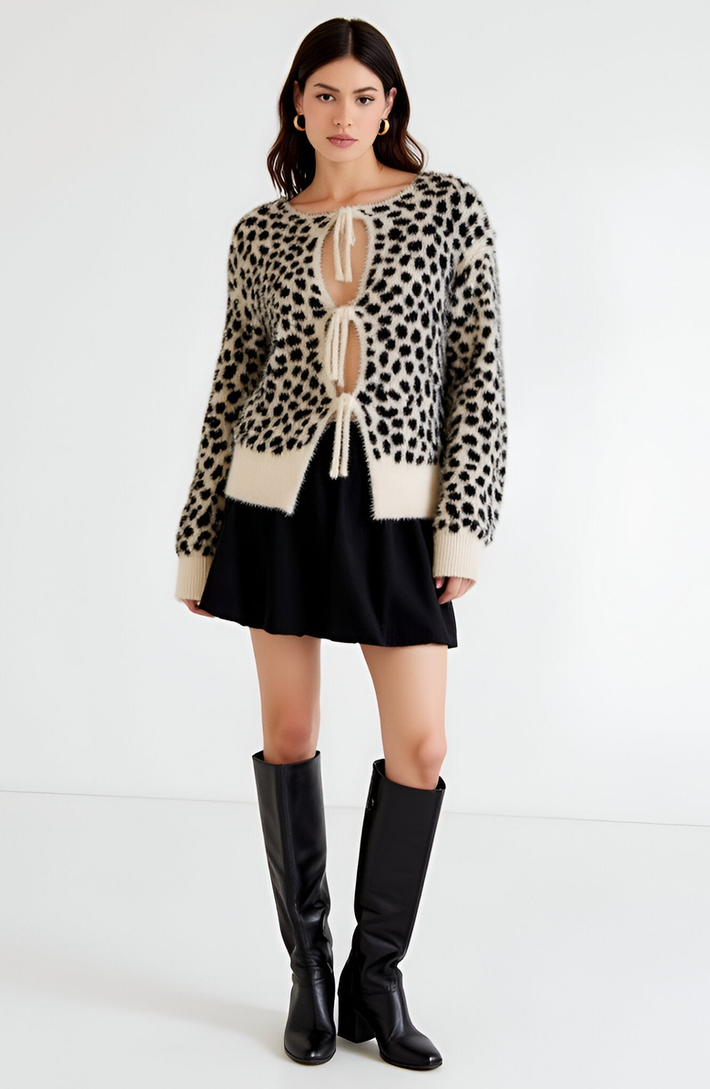 Modenaire Leopard Fuzzy Tie-Front Contrast Hem Cardigan, Alternate, color, 
