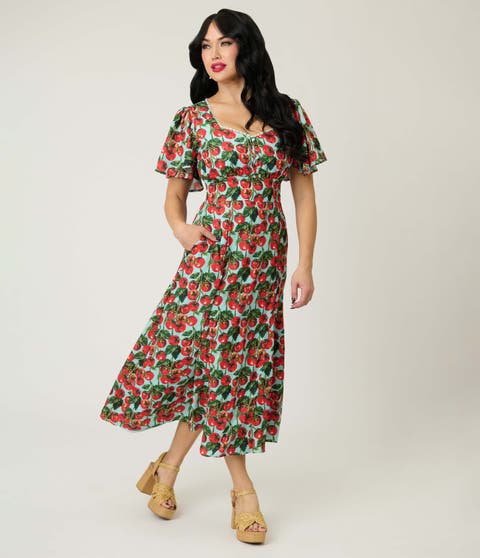 Short Puff Sleeve Sweetheart Neck Godet Midi Dress