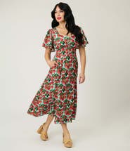 Unique Vintage Short Puff Sleeve Sweetheart Neck Godet Midi Dress