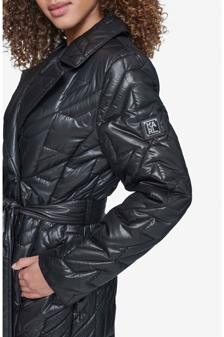 Houndstooth Quilted Tie Belt Double Breasted Trench Coat, Alternate, color, BLACK