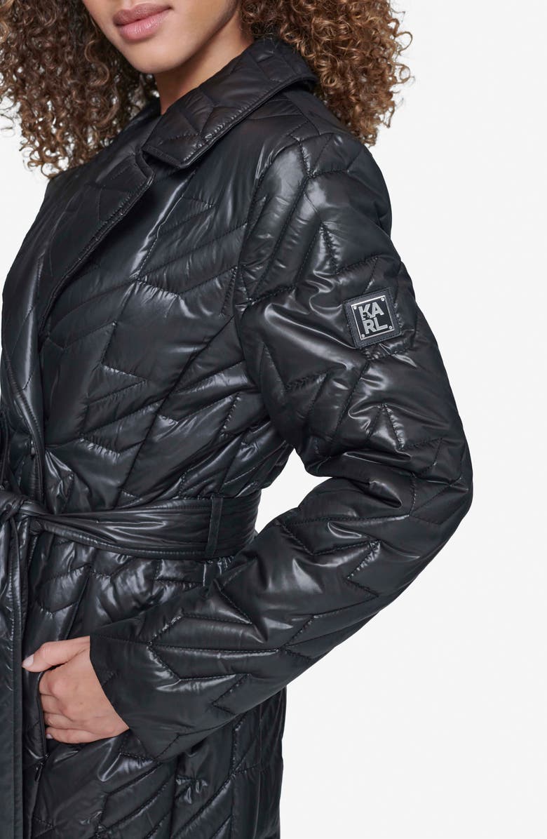 KARL LAGERFELD PARIS Houndstooth Quilted Tie Belt Double Breasted Trench Coat, Alternate, color, Black