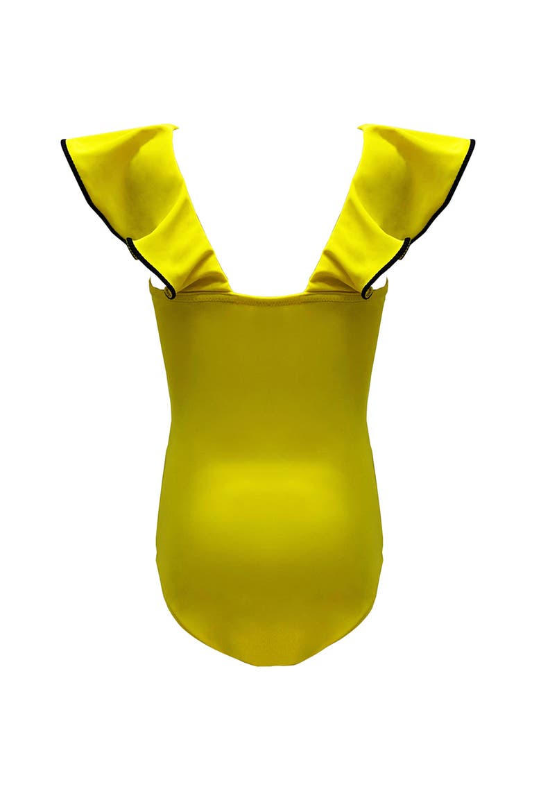 Ruffled V-Neck Belted One-Piece Swimsuit, Alternate, color, Yellow
