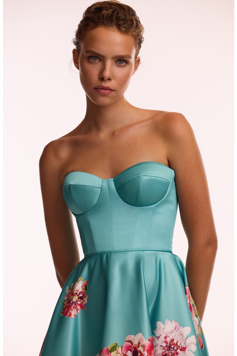 A-Line Satin Floral Print Midi Dress for Cocktail Events, Alternate, color, Aquamarine Floral