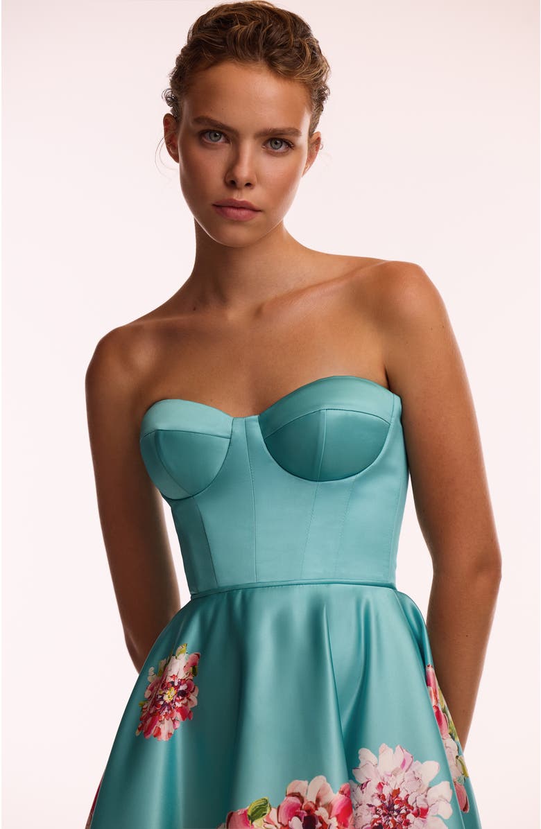 Milla A-Line Satin Floral Print Midi Dress for Cocktail Events, Alternate, color, Aquamarine Floral