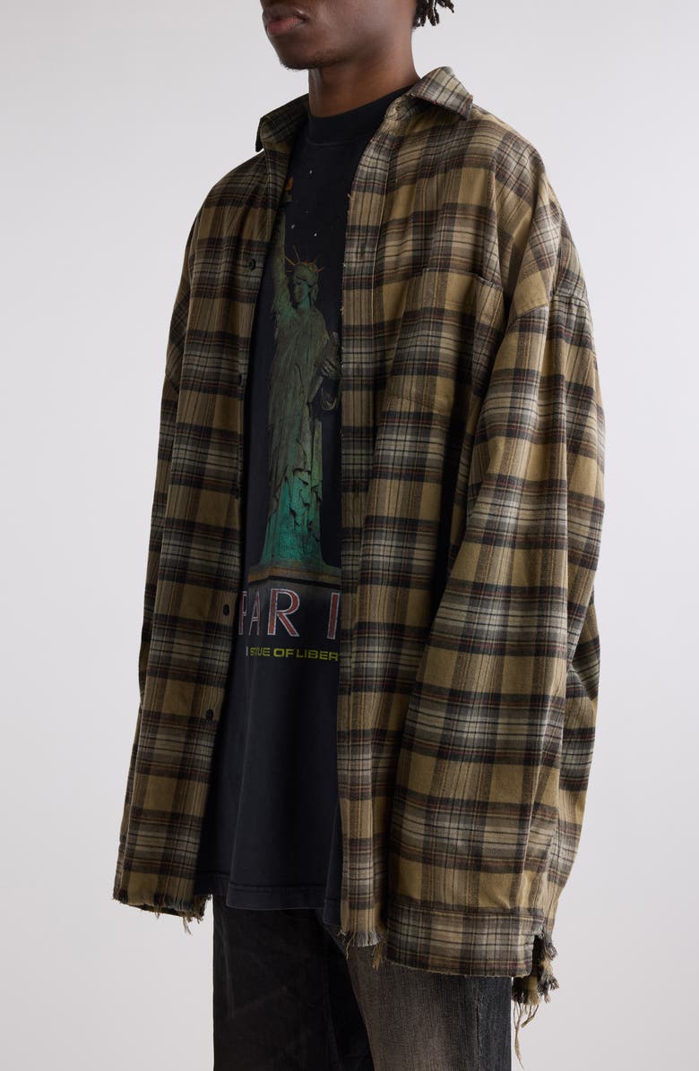 Balenciaga Layered Plaid Distressed Paris Liberty Graphic Top, Alternate, color, Light Khaki