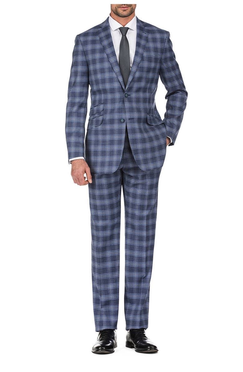 English Laundry Blue Plaid Slim Fit Peak Lapel Suit, Main, color, 