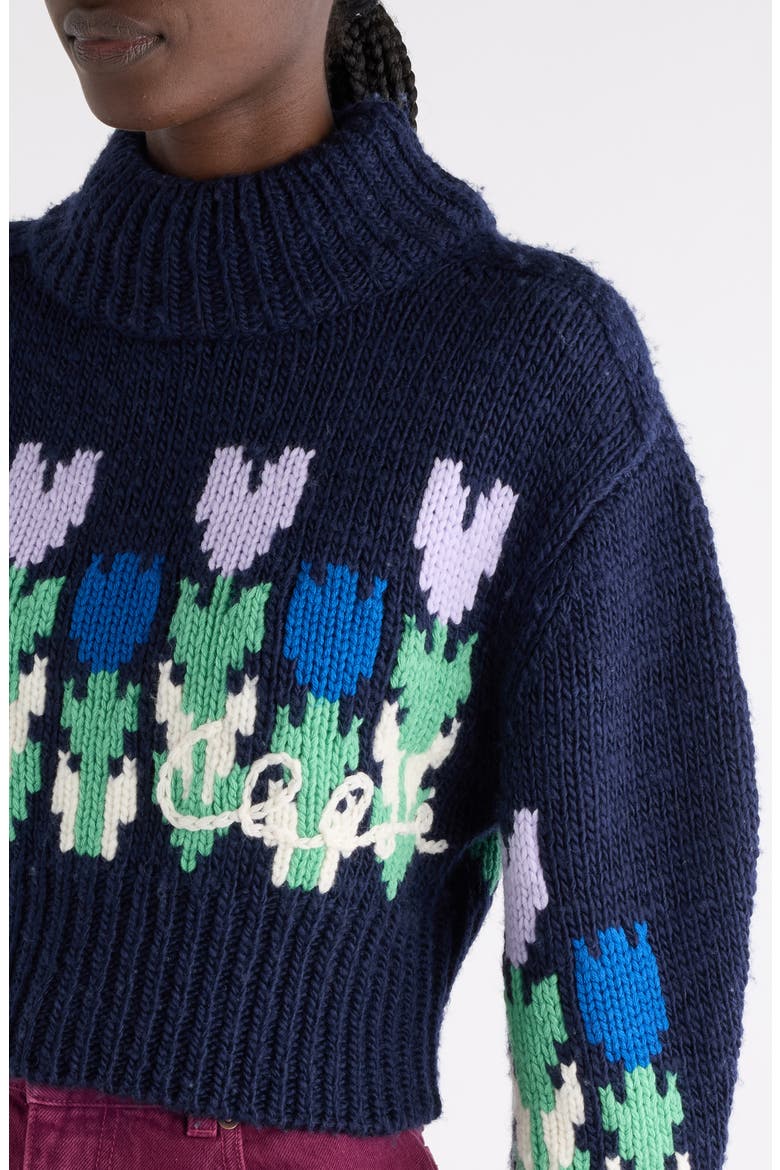 Graphic Floral Crop Wool Sweater, Alternate, color, DARK NAVY
