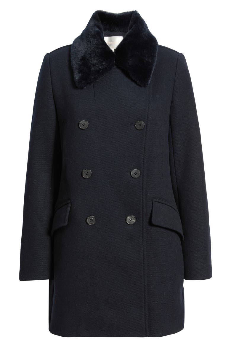 Verdine Faux Fur Collar Double Breasted Coat, Alternate, color, NAVY