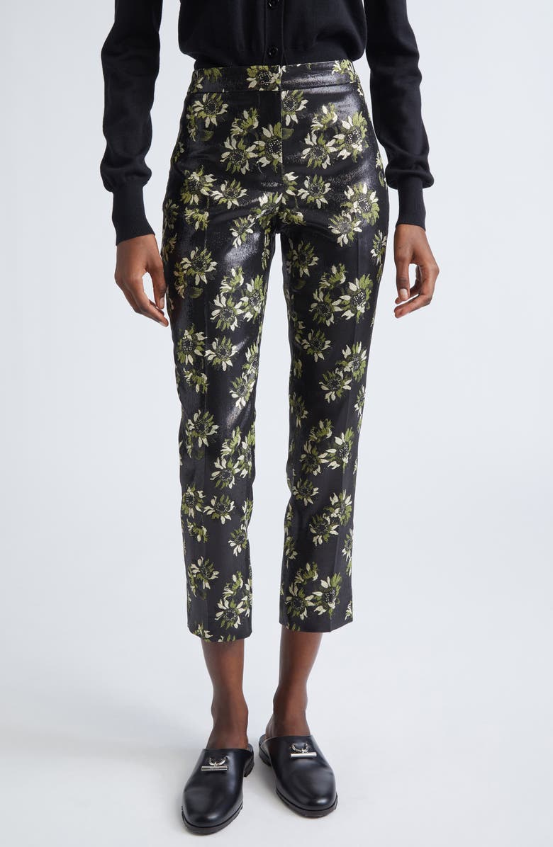 McQueen Metallic Sunflower Jacquard Cigarette Trousers, Main, color, Black-Green-Gold