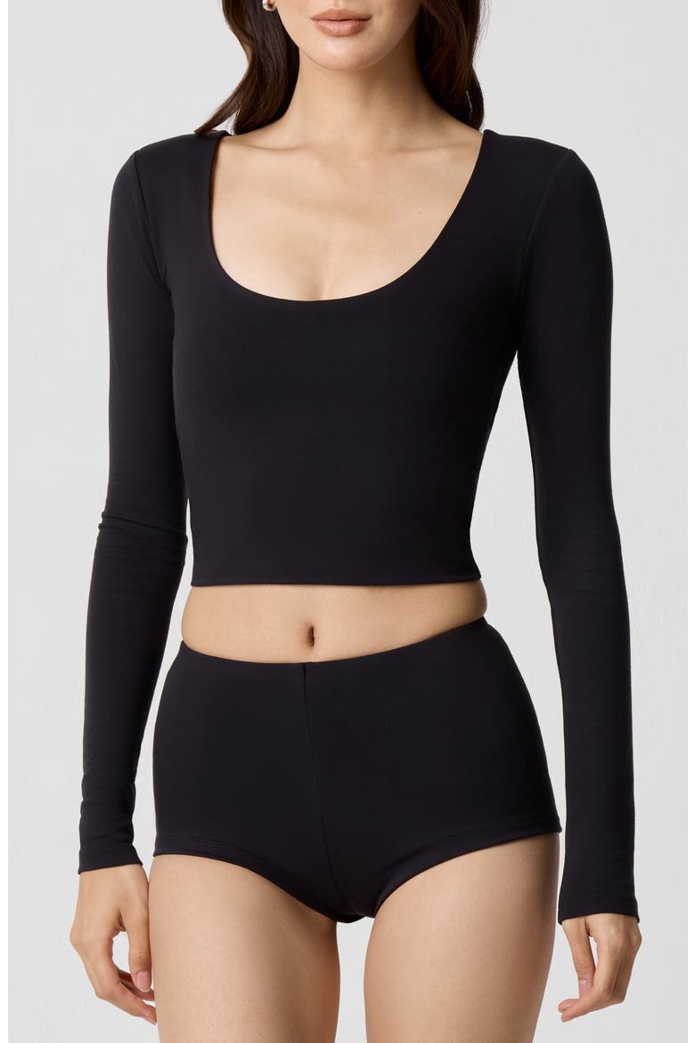 Power Mesh Plunge Long Sleeve T-Shirt, Main, color, BLACK