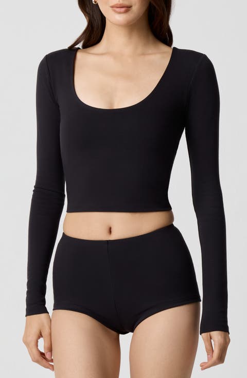 Power Mesh Plunge Long Sleeve T-Shirt